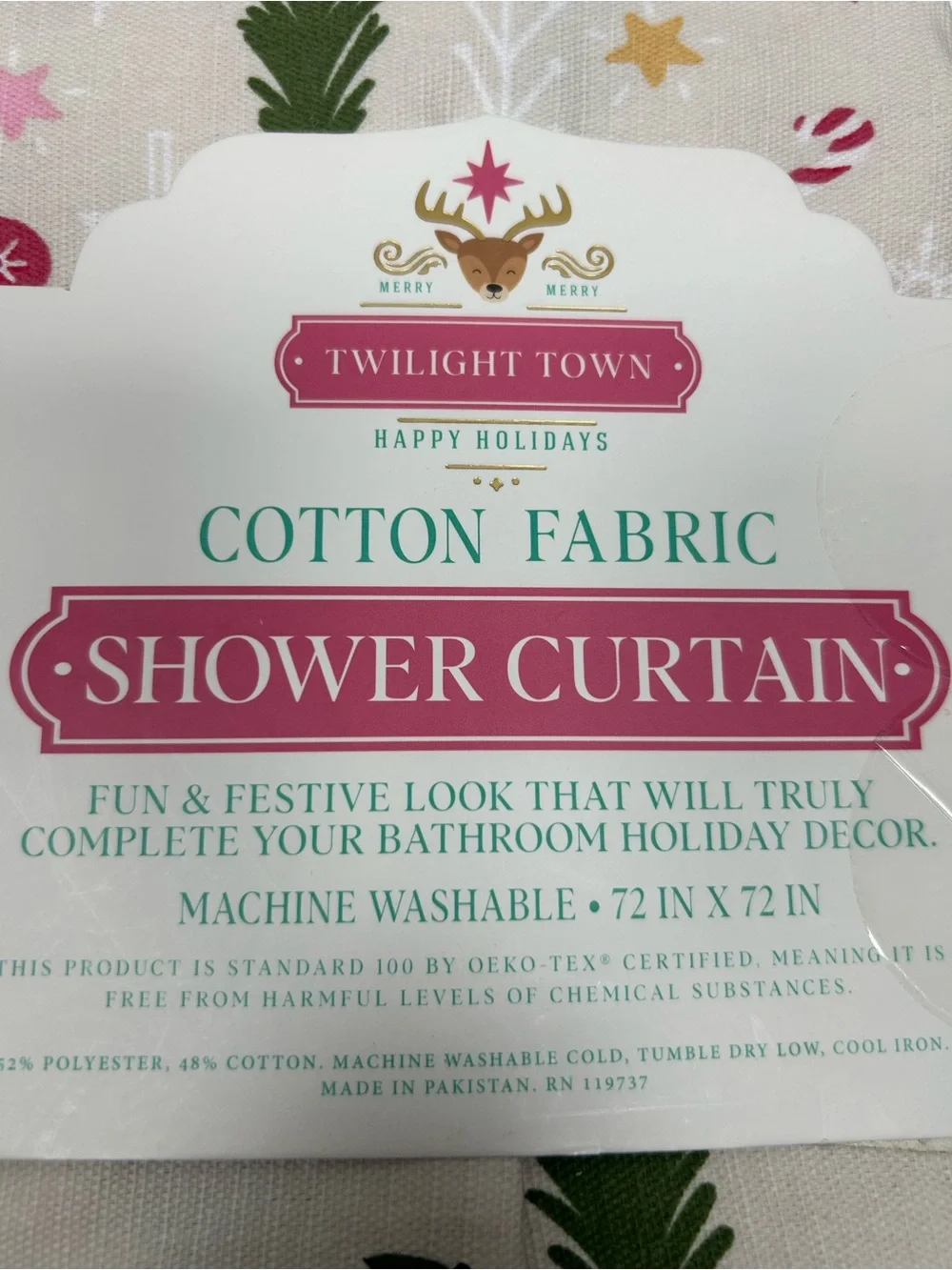 Twilight Town Christmas Reindeer Pink Peppermint Shower Curtain 72x72 NWT